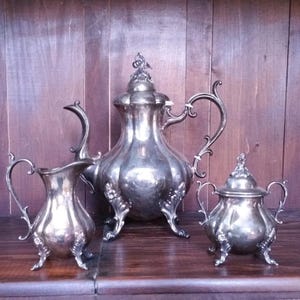 CHOICE Silver Plate Tea Set Antique Vintage Coffee Pitcher Vase Teapot Cottage Decoration Farmhouse Lid Kitchen Victorian Old Empire Rodgers