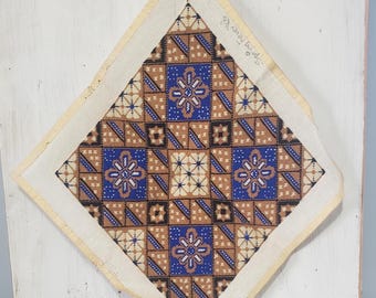 Blue Brown Tan Needlepoint Vintage Embroidery Hand Woven Flat Weave Wall Art Hang Colonial Primitive Farm Early Americana Antique Tapestry