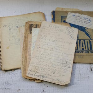 May include: A selection of aged handwritten recipes and notes, including a spiral-bound notebook and loose papers. The papers display faded ink and aged textures, hinting at a cherished cookbook or family recipe collection.