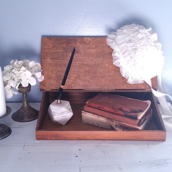 Wooden Writing Box Vintage Lift Top Desk Portable Handmade Traveling Document Storage Stationery Display Riser Antique Decor Home Vignette