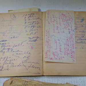May include: An open vintage cookbook with handwritten recipes. The pages are aged with ink and pencil markings. A loose recipe card is tucked inside. The cookbook is open on a white wooden surface.