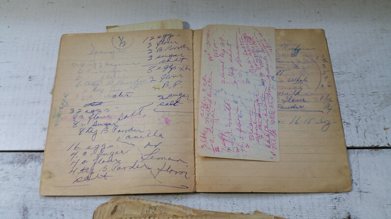 May include: An open vintage cookbook with handwritten recipes. The pages are aged with ink and pencil markings. A loose recipe card is tucked inside. The cookbook is open on a white wooden surface.