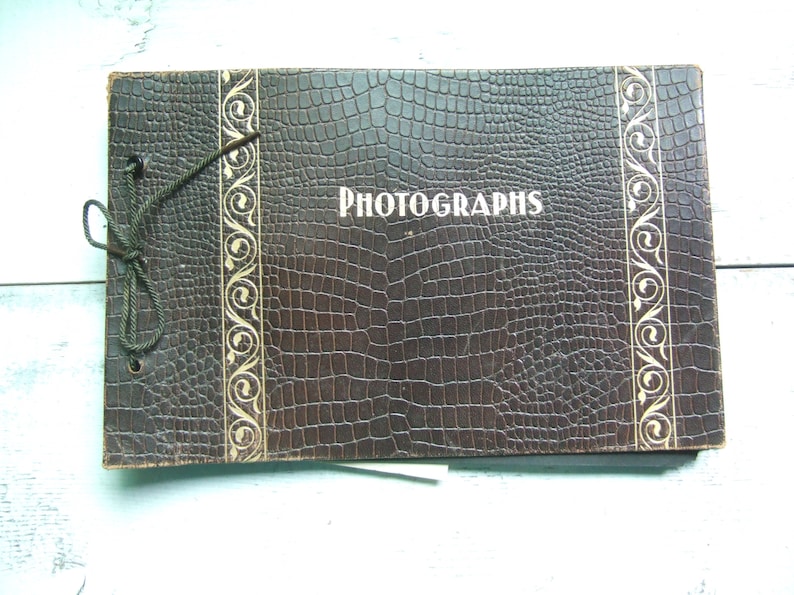 Antique Alligator Skin Photo Album baby Photographs Pictures Black Gold Gilt Repurpose Book Family Scrapbook Ephemera Distressed Old Display 