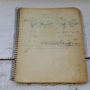 May include: A vintage spiral-bound notebook with lined paper, showing handwritten notes and calculations. The paper has a yellowed, aged appearance. The notebook is resting on a white, weathered wooden surface, suggesting age and use.