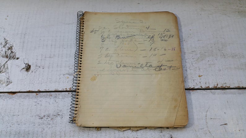May include: A vintage spiral-bound notebook with lined paper, showing handwritten notes and calculations. The paper has a yellowed, aged appearance. The notebook is resting on a white, weathered wooden surface, suggesting age and use.