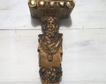 Goldene geschnitzte Mann Halterung Wandleuchte Holz Regal Wand befestigt Vintage Plakette Hollywood Regency verzieren sophisticate Akzent-Stück-Galerie alt