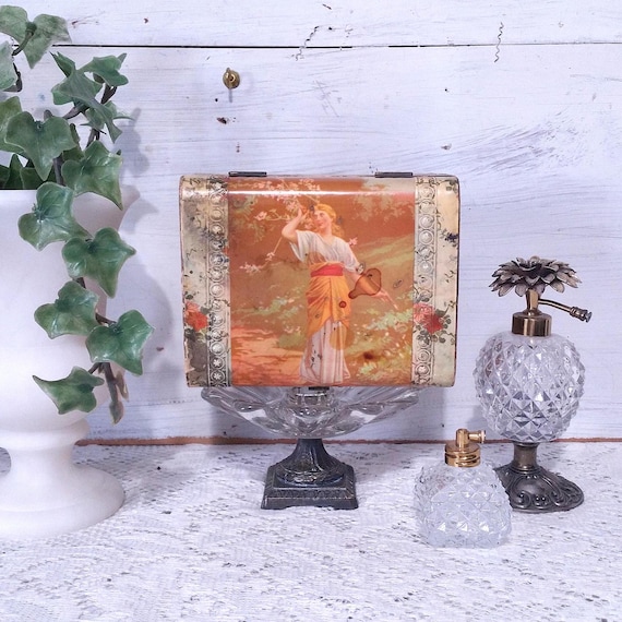 Antique Celluloid Jewelry Box Presentation Victorian Pink Locks Red Silk Box Trinket Cache Stash Vintage Distressed Worn Aged Flowers Girls