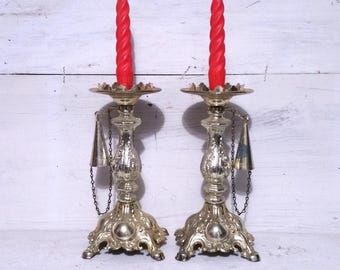 Par de portavelas de latón dorado, estilo vintage clásico, con apagavelas incorporado, para mesa, estilo Hollywood Regency, ornamentado, elegante, para repisa de chimenea, estilo francés antiguo, grabado.