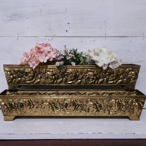 Pair Brass Rose Embossed Planter Vintage Cachepot Jardiniere Floral Gold Decorative Ornate French Hollywood Regency Luxurious European Chic