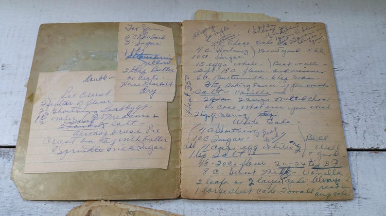May include: An open vintage cookbook with handwritten recipes in blue ink on aged paper. The pages are yellowed, and small recipe cards are tucked inside. The cookbook is open, revealing detailed instructions.