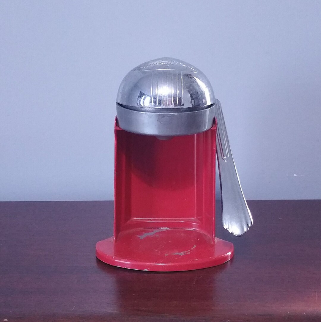 Rival Juiceomatic Single Action Red Citrus Press Hand Crank Manual Juicer Extractor Chrome