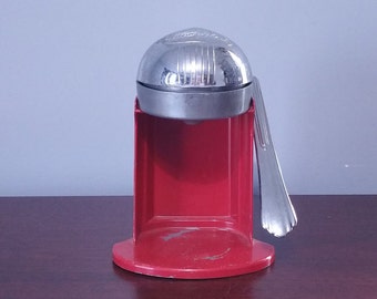 Rival Juice-O-Matic Single Action Red Citrus Press Hand Crank Manual Juicer Extractor Chrome Table Bar Kitchen Decor Midcentury Appliance