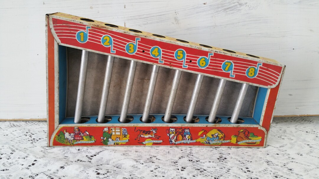Tin Toy Xylophone Antique 8 Key Old Metal Child Musical Instrument