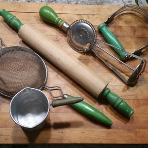 Choice Green Wood Handle Kitchen Utensil Instant Collection Masher Rolling Pin Retro Chrome Repurpose Mixer Vintage Farmhouse old