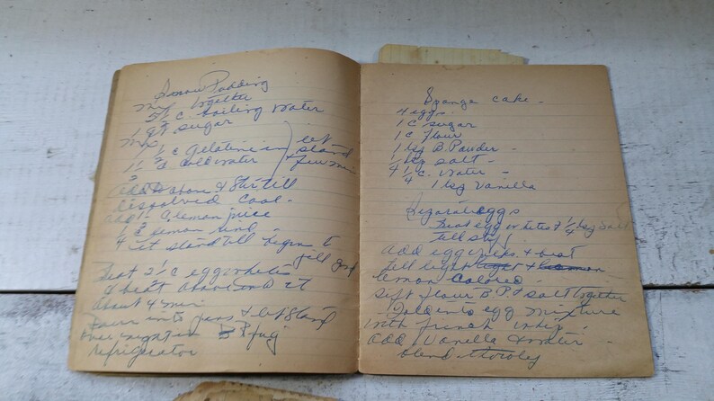 May include: An open vintage cookbook with handwritten recipes in blue ink. The left page details a Lemon Pudding recipe, while the right page features a Sponge Cake recipe. The aged paper has a warm, yellowed tone, suggesting its age.