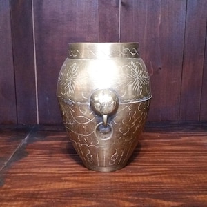 Brass Vase Face Rings Engraved Vintage Planter Gold Decorative Ornate Hollywood Regency Luxurious Beaded Accent BOHO Eclectic Old Oriental