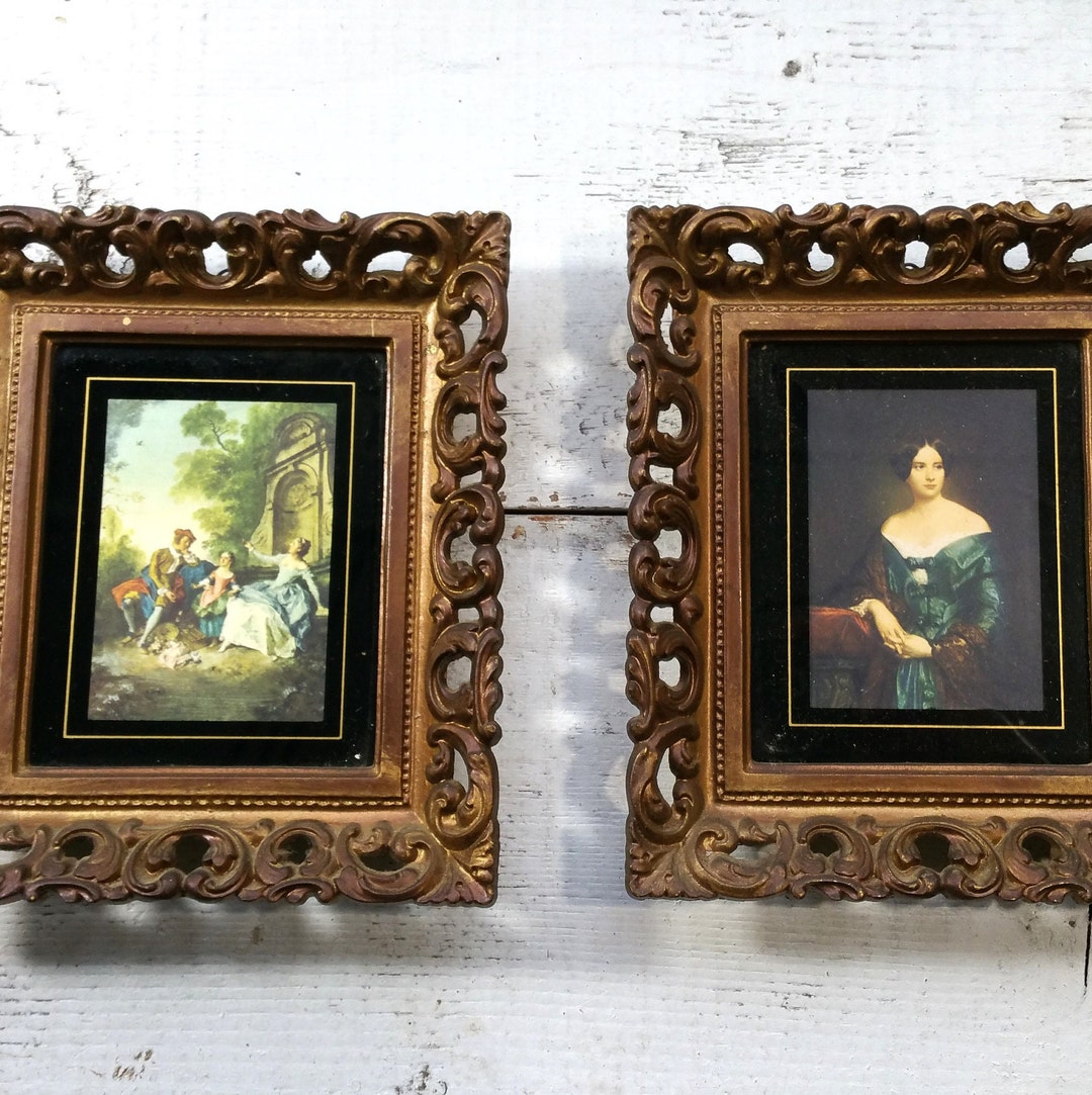Pair Womens Portraits Vintage Victorian Colonial European Antique Art Framed Gallery Wall Decor