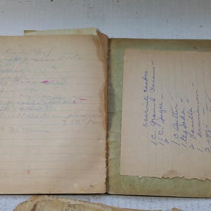 May include: An open vintage recipe book with handwritten recipes on aged paper. The left page has a list of ingredients and instructions, while the right page features a different recipe. The book is open, revealing the contents.