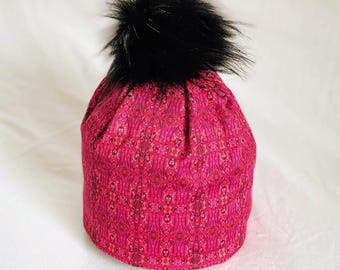PINK MAGNOLIA IKAT - Alpine or Nordic style Hat in 4 way sport stretch, fleece ear band, and a Pompom
