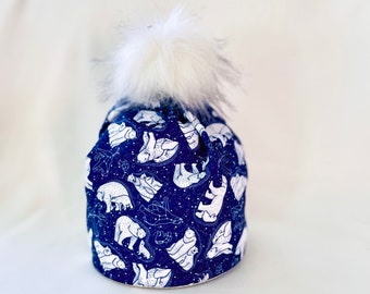 POLAR BEAR Constellations- Alpine or Nordic Ski Hat, 4 way stretch Lycra, options of fleece lined ear band with/without Fur or  yarn Pompom