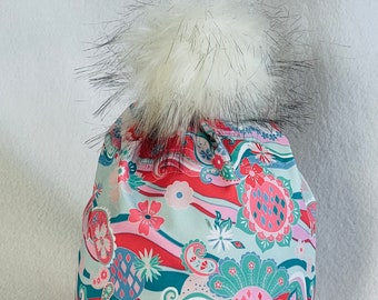 CHEERFUL WAVES - Pastels Pink blugreen Alpine Ski or Nordic Run Hat , 4 way stretch sportlycra, with/without options Fleece earband, Pompom.