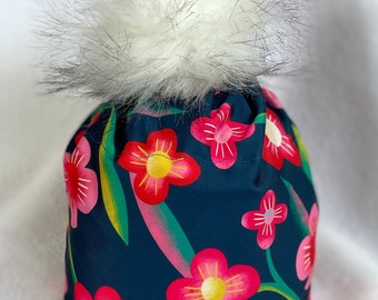 CHERRY BLOSSOMS Pinks Reds on Navy- Alpine Ski or Nordic Hat , 4 way stretch with options of Fleece earband and Pompom.