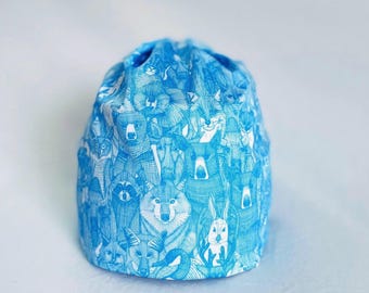 MOUNTAIN FRIENDS in light Blue - Alpine or Nordic style Hat in 4 way sport stretch, fleece ear band, and a Pompom