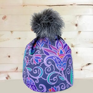 LILY WOODBLOCK on Slate- Nordic or Alpine style Ski Hat.  4 way stretch, lined or unlined with or without pompom. Special orders available.