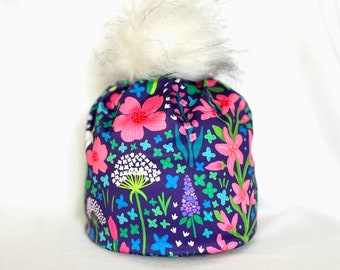 WILDFLOWER GARDEN on Navy - Alpine  or Nordic Style Hat for skiing ,running ,hiking, climbing , dog walking . fleece lined , Faux fur Pompom