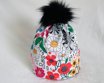 NEW FLOWERS- Alpine Winter or Nordic Run Hat , 4 way stretch, with or without options Fleece earband and Pompom.