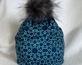 QUICK LINKS- Navy /Teal Blue Alpine Hat or Nordic Run Style Hat 4 way stretch optional fleece lined with/wthout Pompom