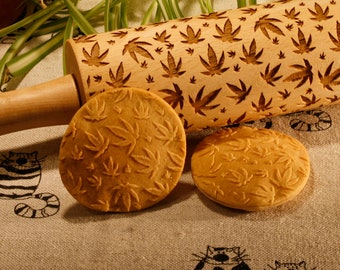 Marijuana pattern rolling pin. Marijuana theme embossing rolling pin. Marijuana cookie stamp