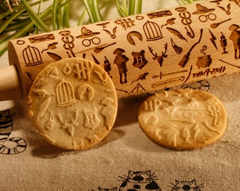 Wizard pattern Embossing Rolling Pin.  Engraved rolling pin for embossed cookies with Wizard pattern.