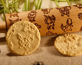 Pokemons pattern Embossing Rolling Pin. Engraved rolling pin with Pokemons for embossed cookies Baking Gift