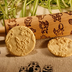 Pokemons pattern Embossing Rolling Pin. Engraved rolling pin with Pokemons for embossed cookies Baking Gift image 1