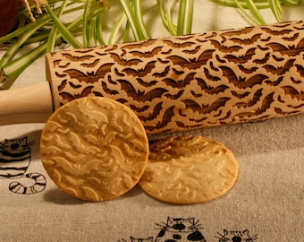 Bats pattern rolling pin. Halloween theme embossing rolling pin. Halloween. Jack-o'-lantern cookie stamp