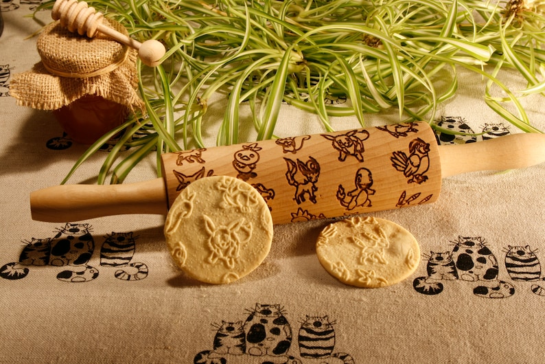 Pokemons pattern Embossing Rolling Pin. Engraved rolling pin with Pokemons for embossed cookies Baking Gift image 1