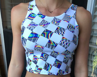 Trippy Checkmate Crop // Unique Rave Festival Outfit // Spandex Active Dance Clothes