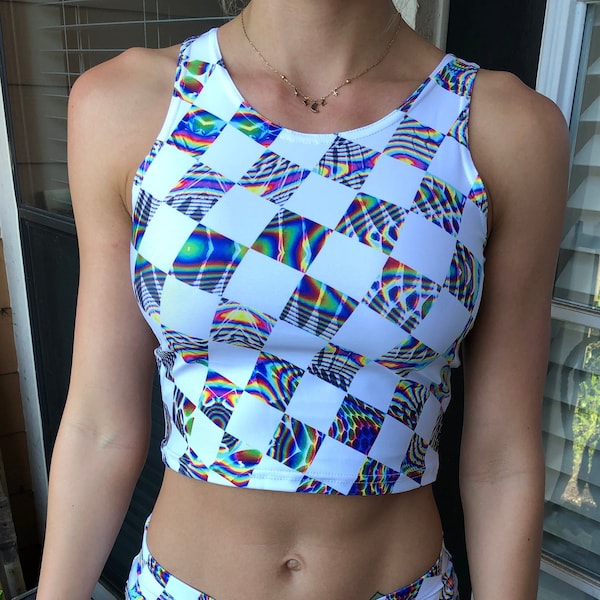 Trippy Checkmate Crop // Unique Rave Festival Outfit // Spandex Active Dance Clothes