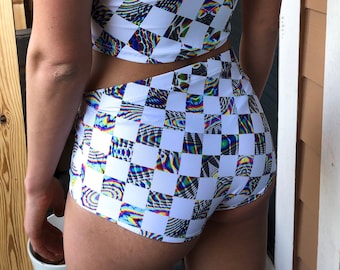 Trippy Checkmate Booty Shorts // festival rave clothes // two piece set available