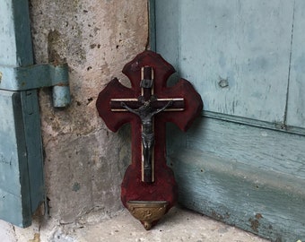 Stunning antique French 19th Century hand made bordeaux velvet cross - benetier - font  - bronze Crucifix - religious art - church decor