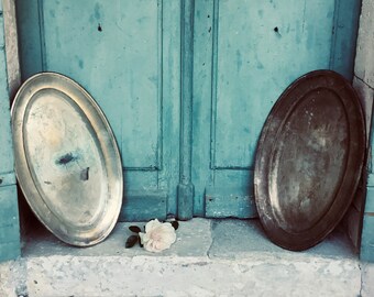 Platos de servir antiguos franceses de plata, par grande (21x13,5")