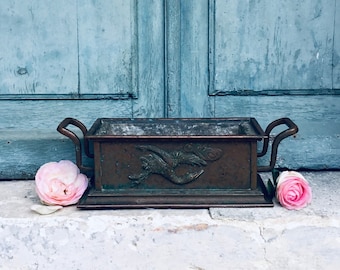 Antique French Copper Jardiniere – Repousse Stork Design, Zinc Liner