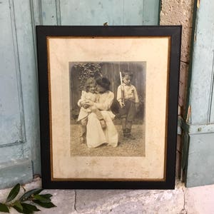 Evocative antique French photograph - very large Belle Époque black & white photograph - mother child picture - French family photograph