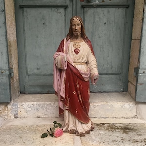 An antique French hand carved & painted statue - Sacred Heart of Jesus Christ - polychrome gilt wood santo figure of large proportions