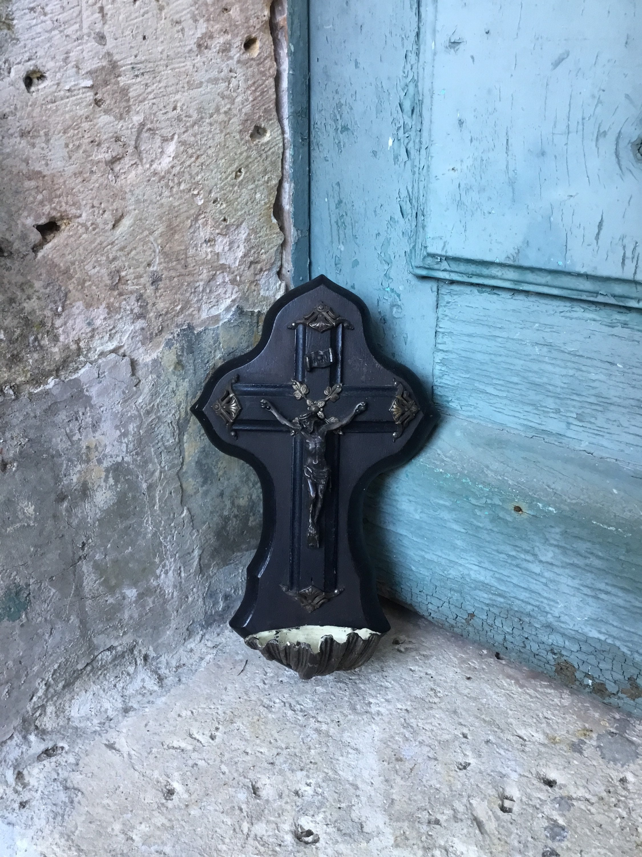 Superbe Français Antique 19Ème Siècle Ébonisé Croix en Bois Sculpté à La Main - Crucifix Bronze Art 