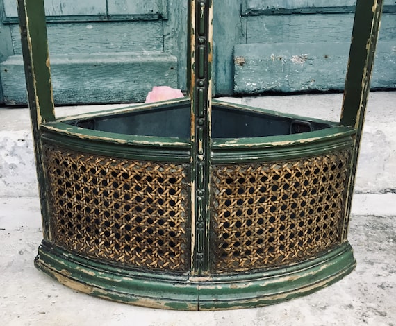 cane stand Fabulous antique French 19th Century wood & cannage hall stand in original worn green paint umbrella stand rack