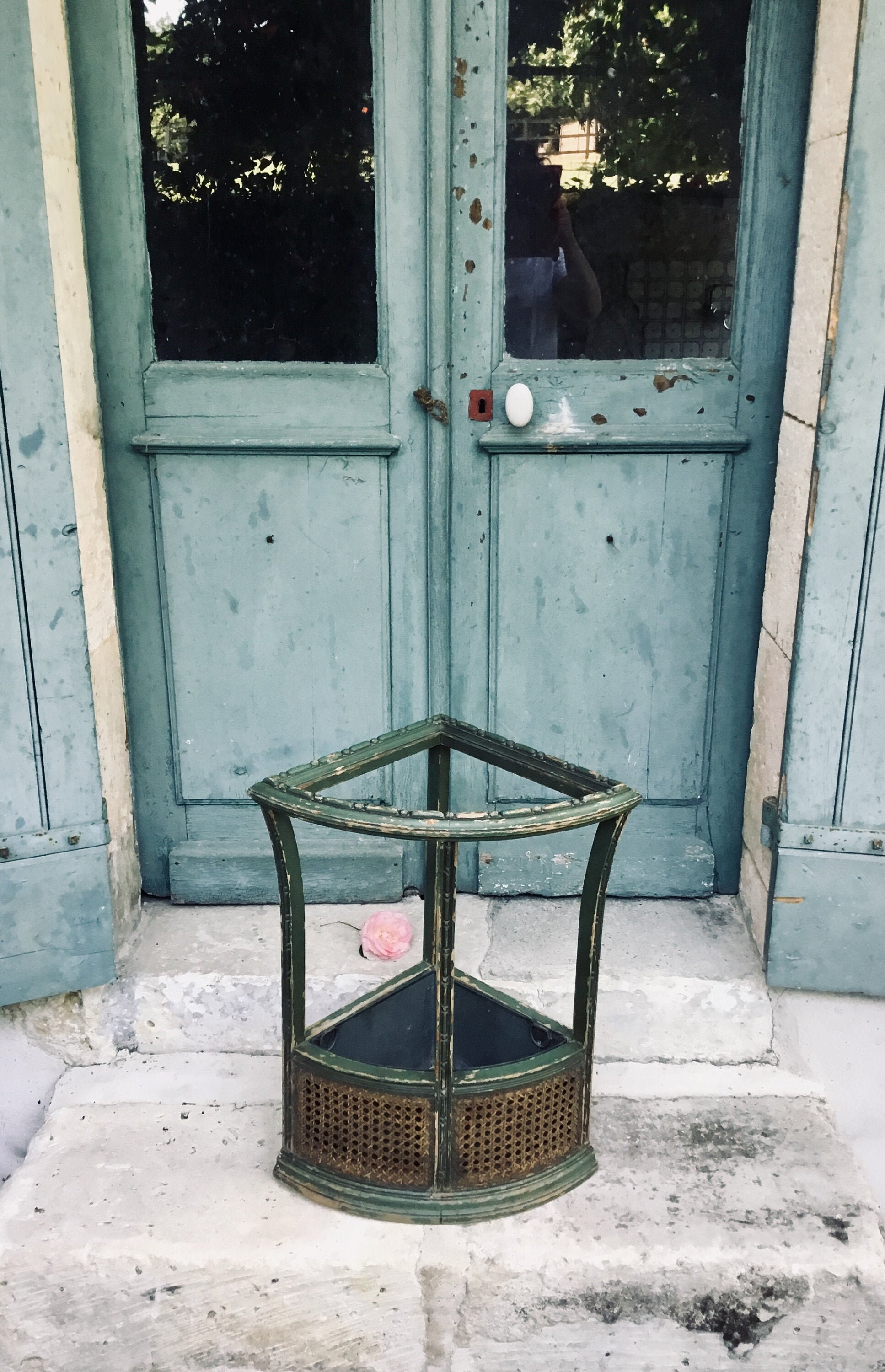 Fabuleux Antique Français Bois Du 19Ème Siècle - Hall de Cannage Stand Dans La Peinture Verte Usée O