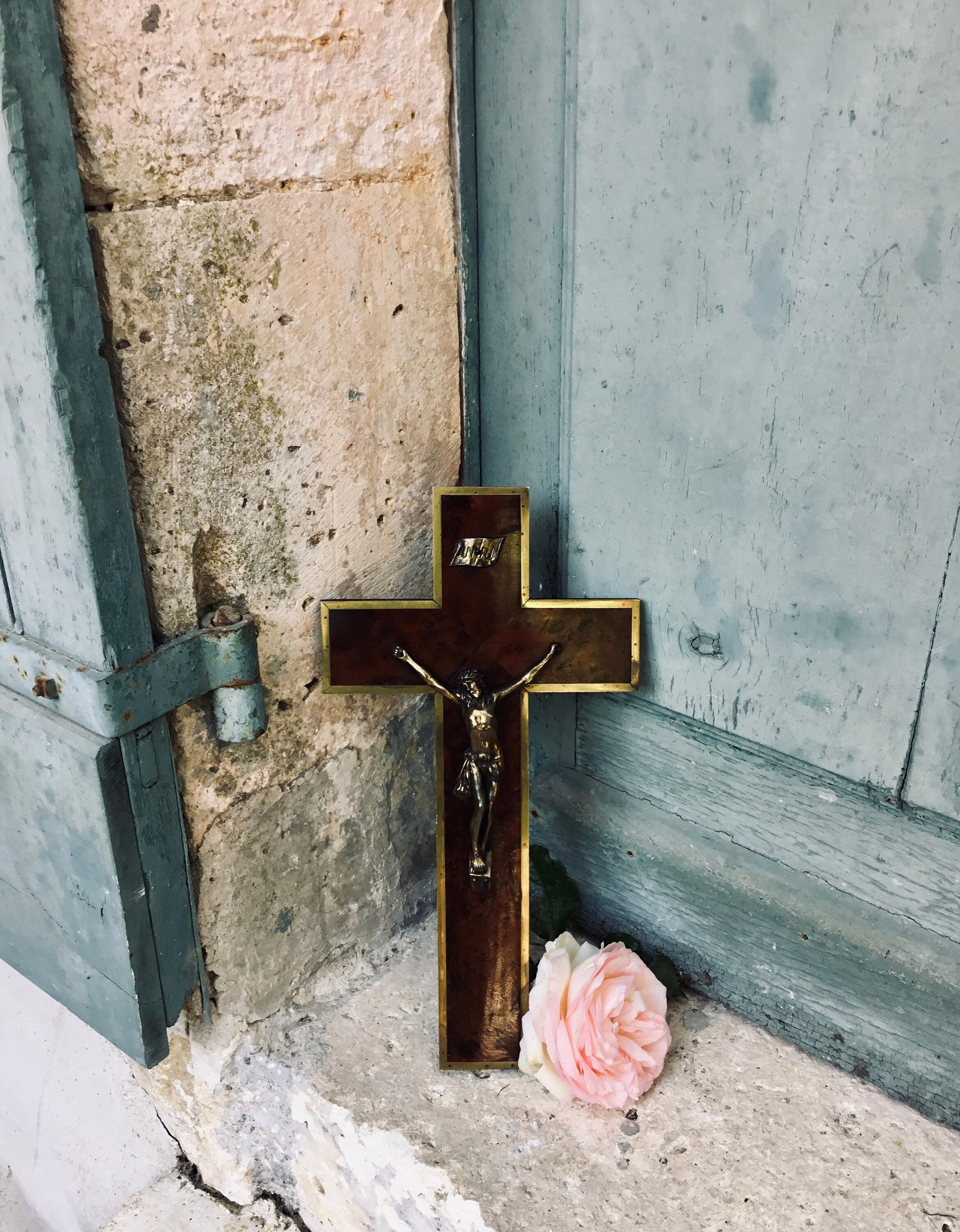 Superbe Grande Croix Français de Marqueterie en Bronze Noyer Du 19Ème Siècle - Crucifix Art Religieu