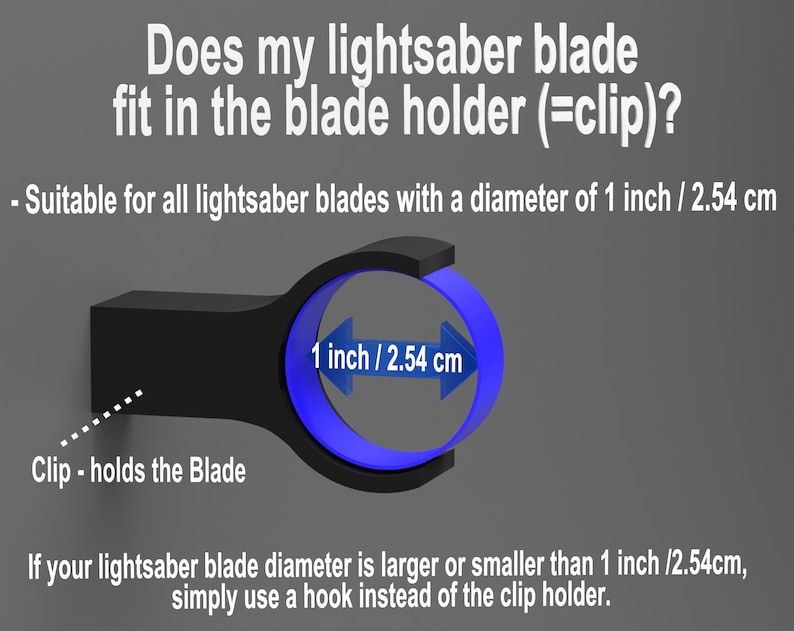 May include: Black lightsaber blade holder with a circular opening, designed to hold a 1-inch (2.54 cm) diameter blade. Text reads: "Does my lightsaber blade fit in the blade holder (=clip)?" and "Clip - holds the Blade."